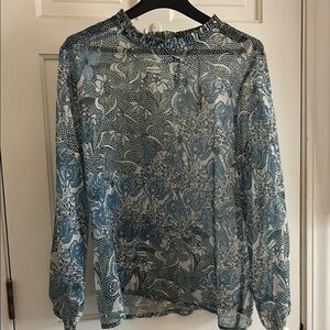 Sheer Blue Ruffled Long Sleeve Blouse with Mandarin Collar